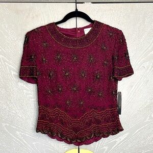 Papell Boutique Deep Red Embroidered Blouse
